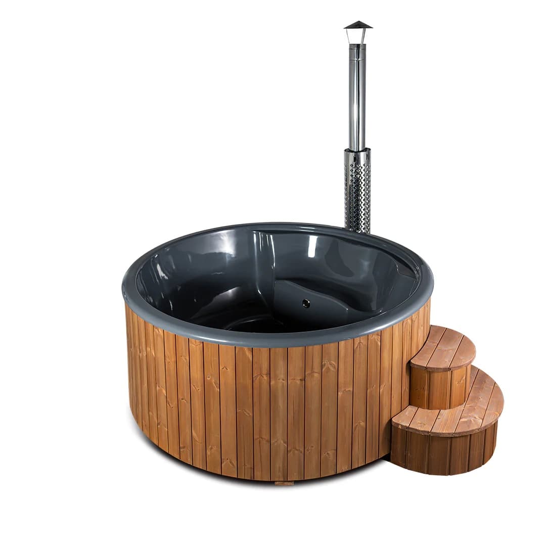 Balia ogrodowa z jacuzzi, grafitową wanną, piecem i schodkami